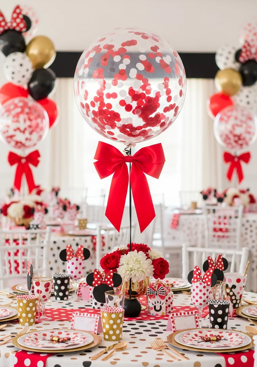 Clear confetti-filled balloons with red bows used as table centerpieces.