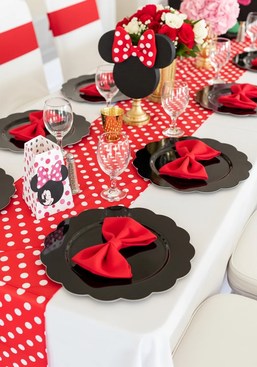 A party table with a polka dot runner, black chargers, and red napkins folded like bows.