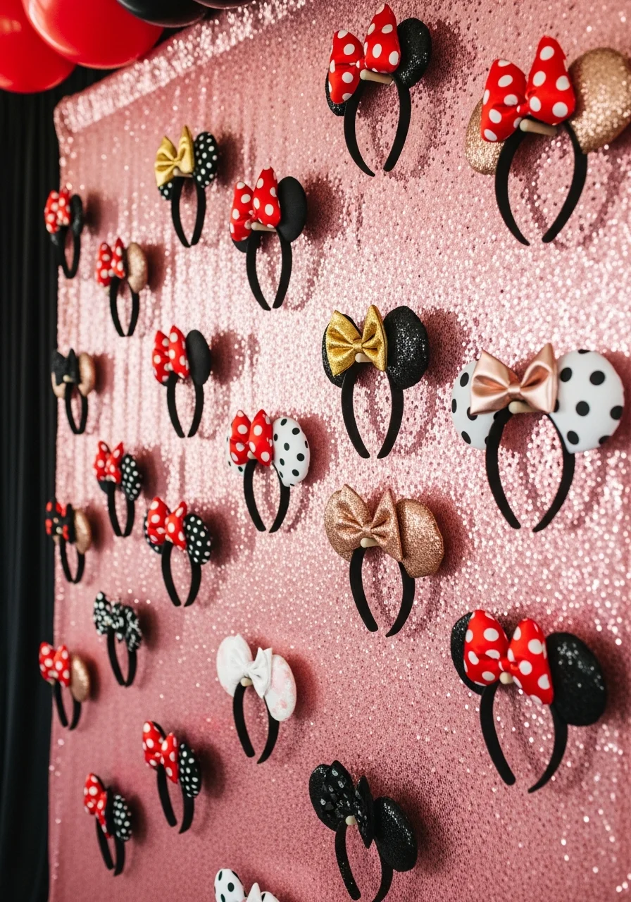 A pink sequin wall with Minnie Mouse ears hanging on pegs for guests to wear.
