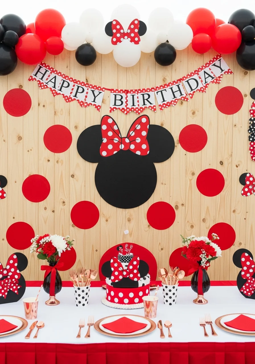 A red and white polka dot photo backdrop with a black Minnie silhouette and a birthday banner.