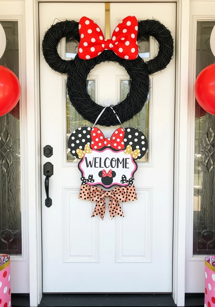 A black Minnie Mouse shaped wreath with a red bow hanging on a white front door.