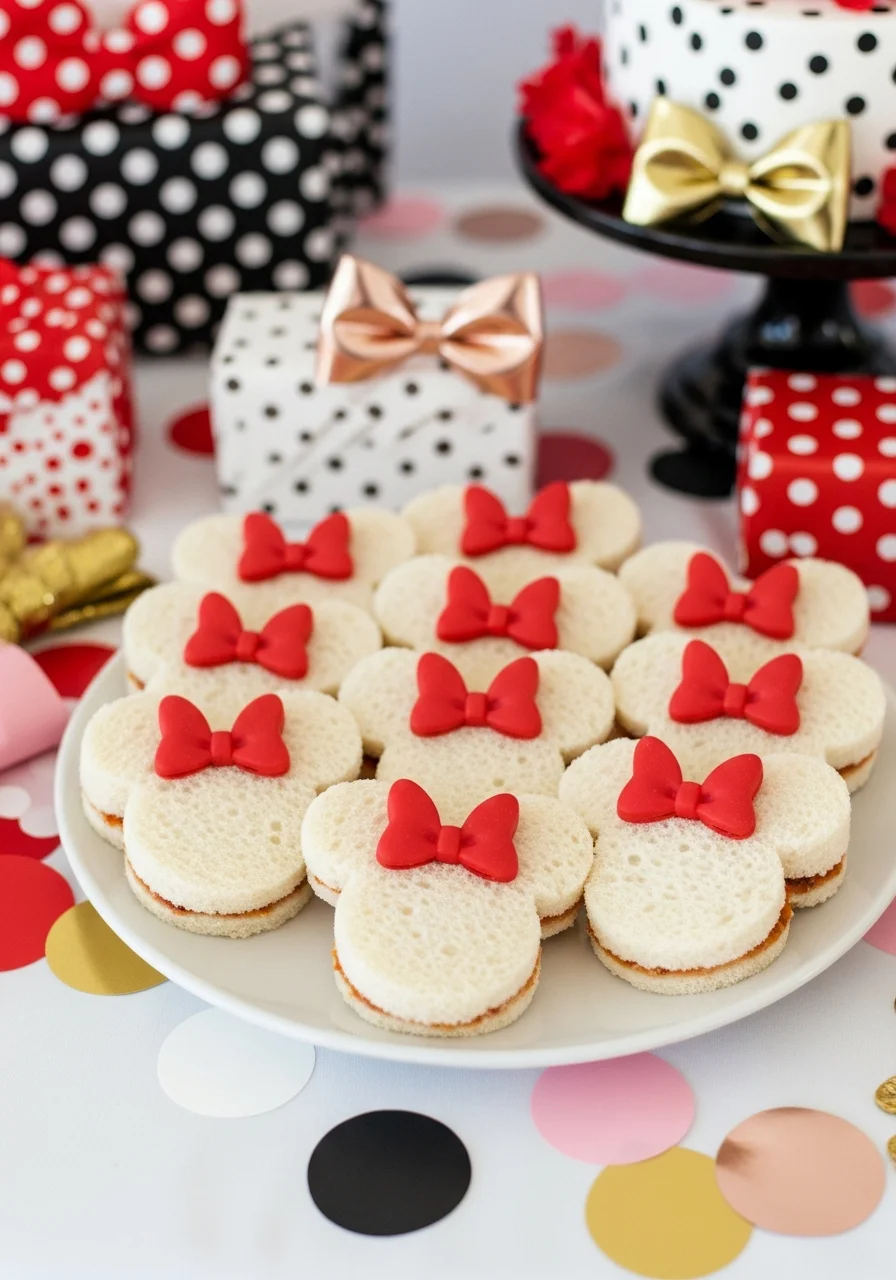 A white platter filled with Minnie-shaped tea sandwiches decorated with small red pimento bows.
