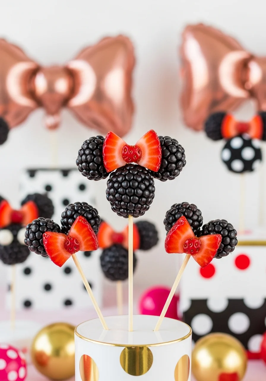 Blackberry and strawberry fruit skewers arranged to look like Minnie Mouse heads with bows.