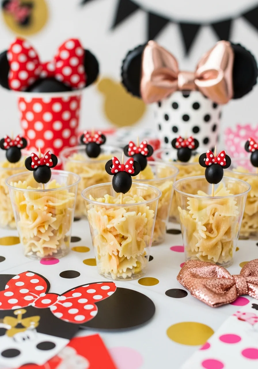Clear cups of bow-tie pasta salad topped with a black olive garnish shaped like Minnie Mouse.