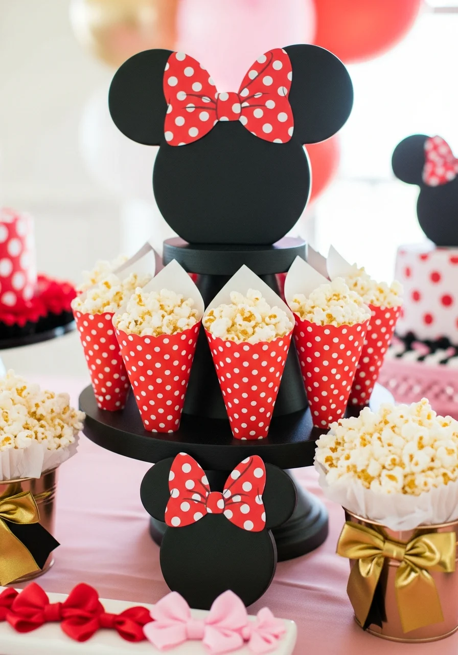 Polka dot paper cones filled with popcorn and displayed on a black multi-level stand.