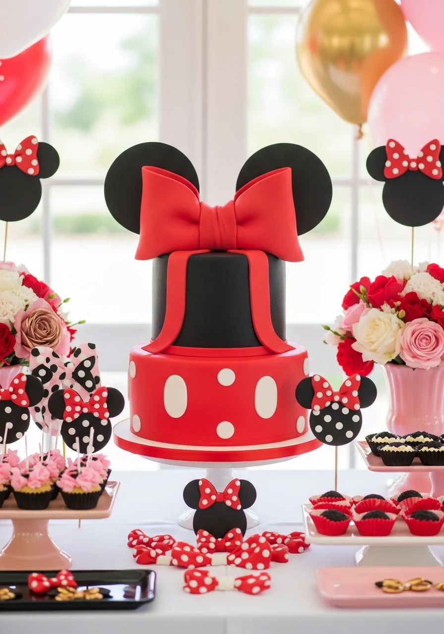 A two-tier red and black cake featuring white polka dots and a large 3D red fondant bow.