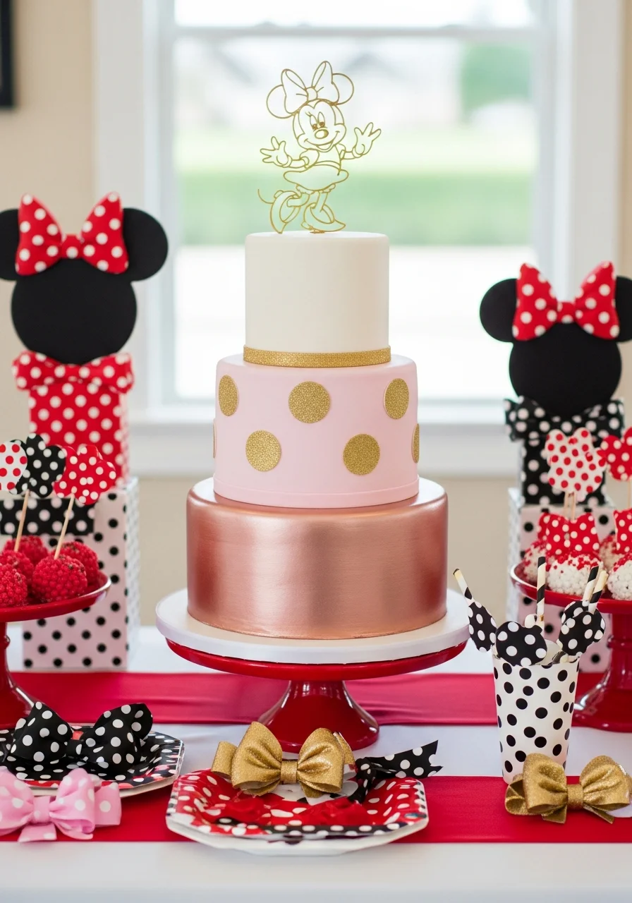 A sophisticated three-tier cake in rose gold, blush pink, and white with a gold wire topper.