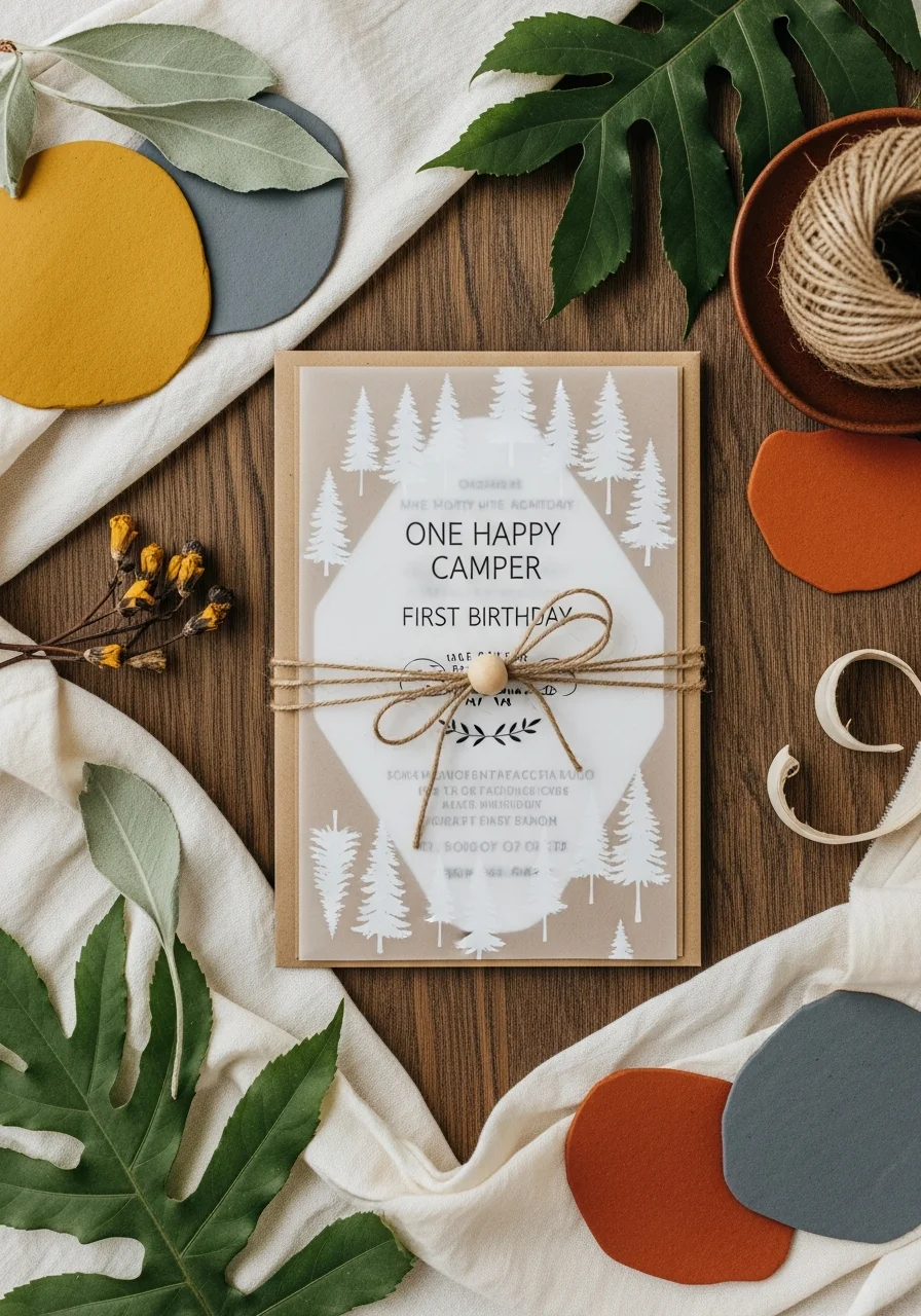 Tactile camping birthday invitation with vellum and kraft paper.