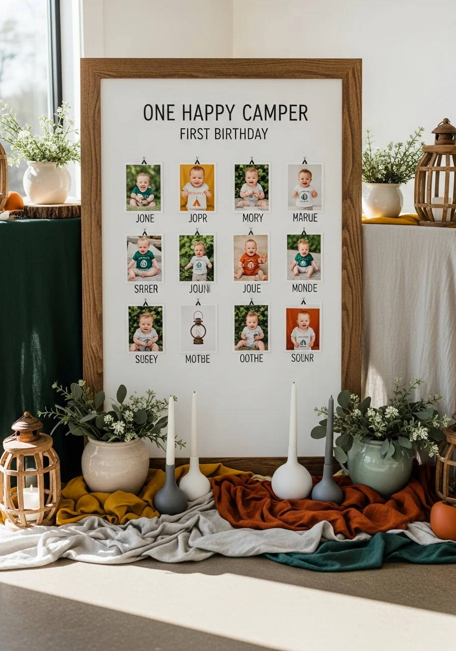 Wooden milestone board showing baby photos from month one to twelve.