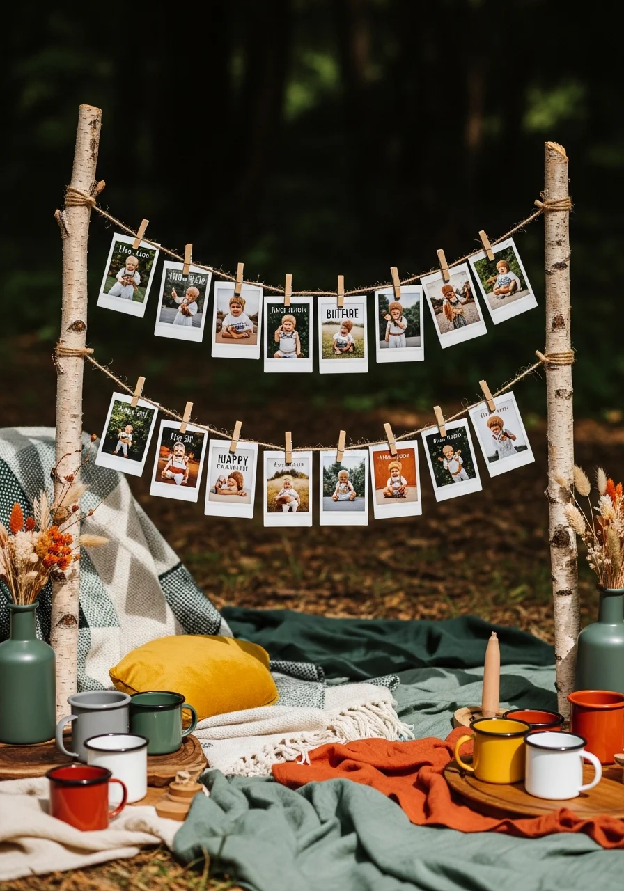 Photo display using twine, birch branches, and mini clothespins.