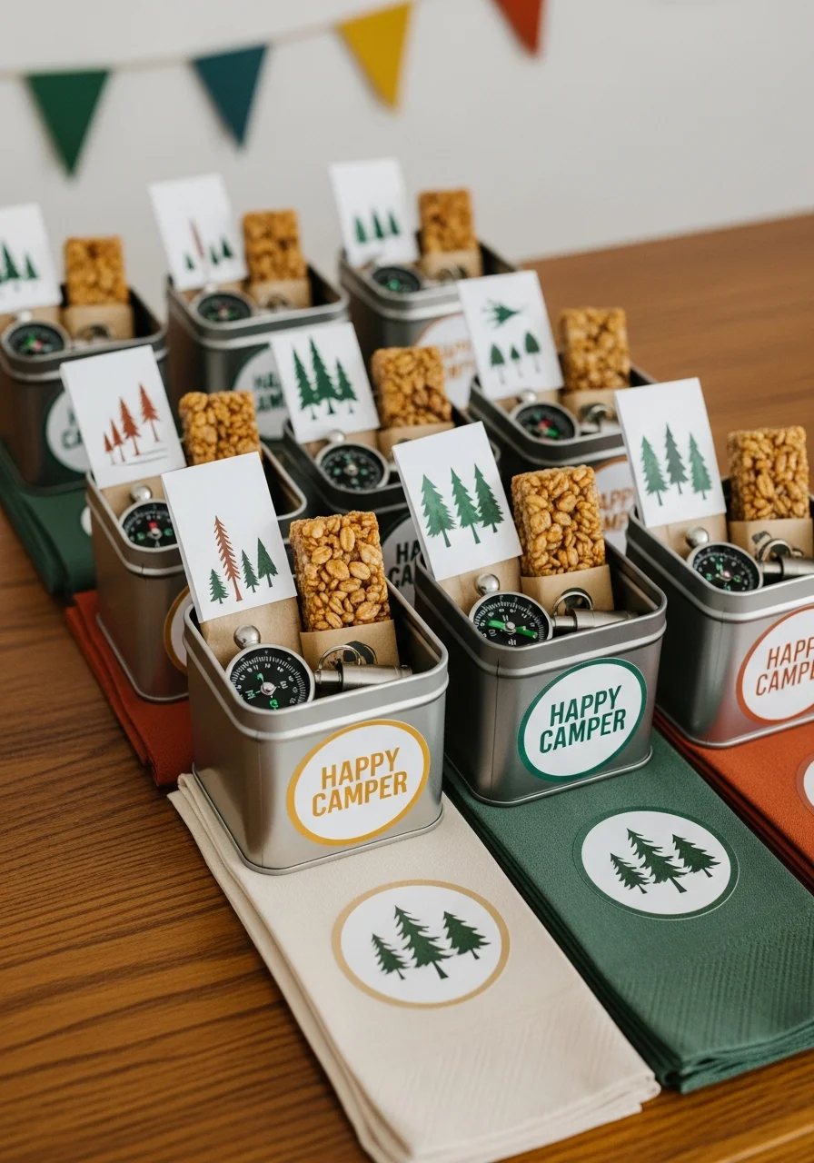 Metal favor tins filled with camping-themed items and snacks.