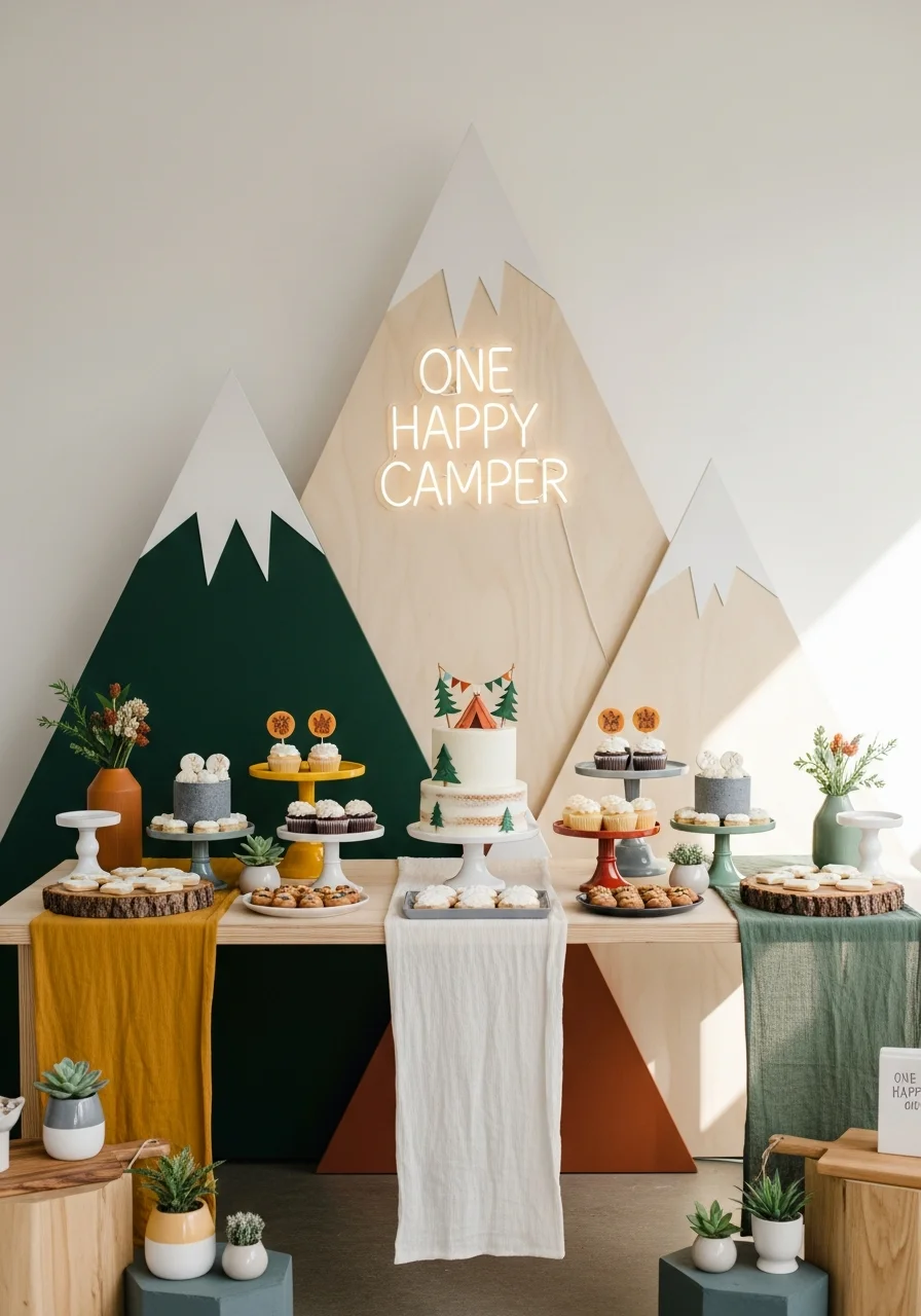 Plywood mountain cutouts used as a party backdrop.