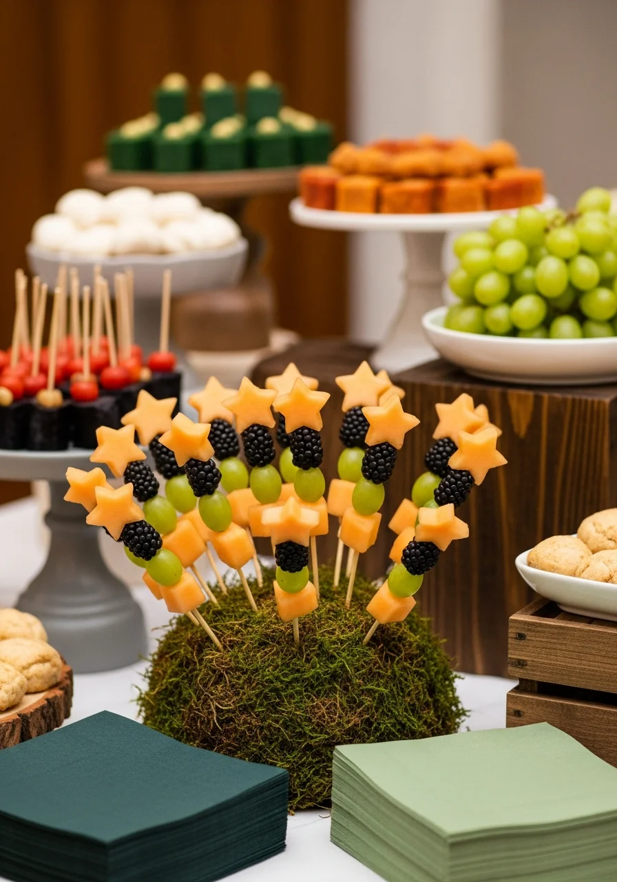 Fruit skewers standing in a moss base to look like a forest.