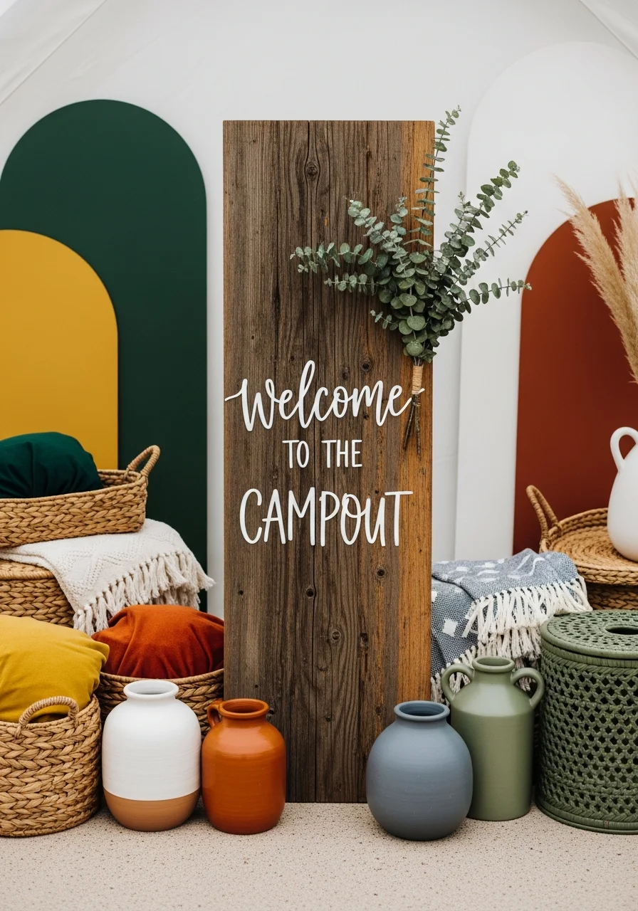 Rustic reclaimed wood welcome sign with white lettering.