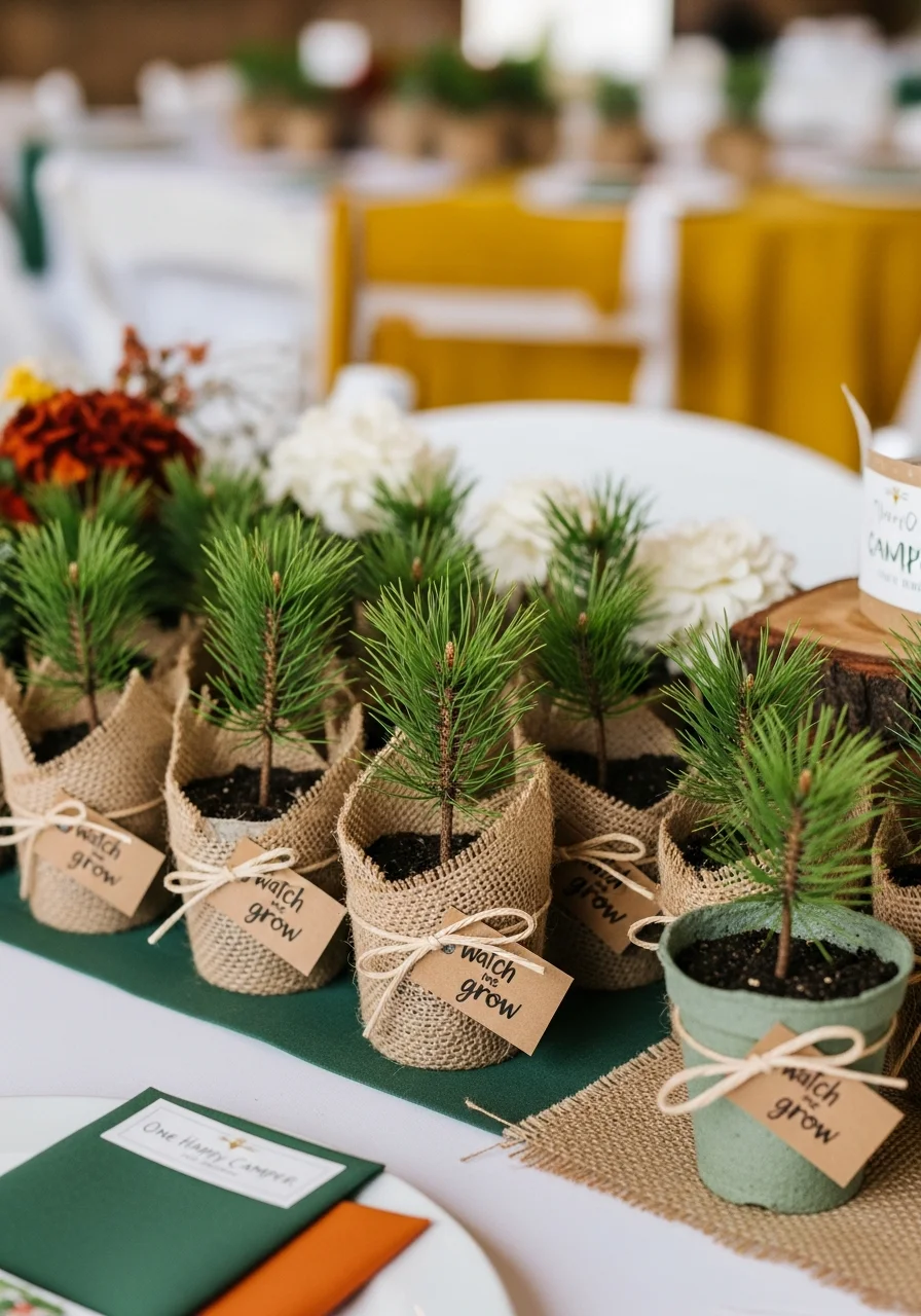 Small pine tree saplings in burlap-wrapped pots as favors.