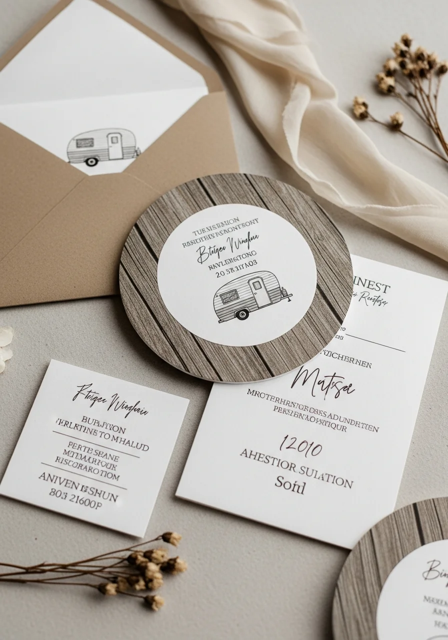 Circular invitation with wood grain texture and a camper illustration.