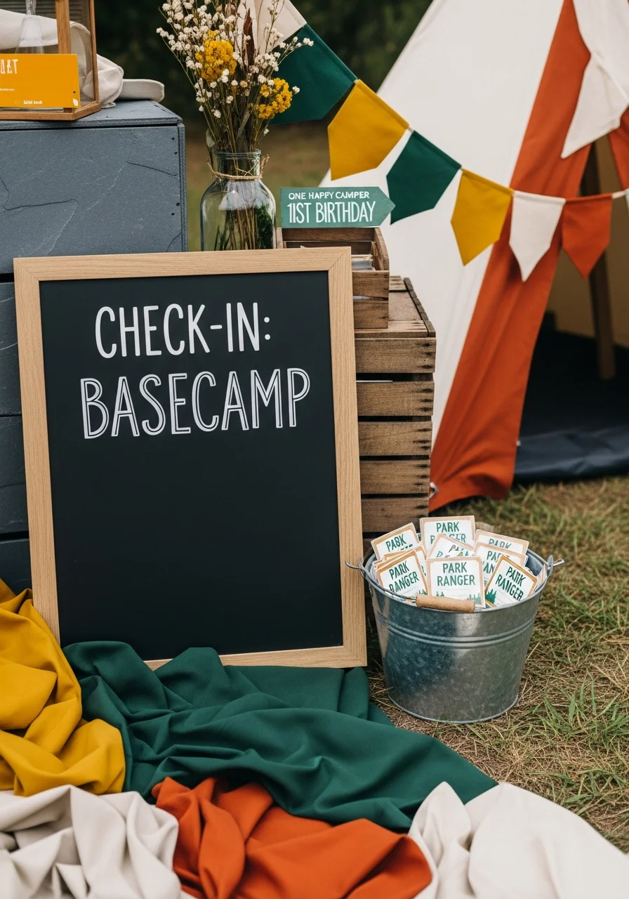 Chalkboard sign at a party entrance with park ranger badges.
