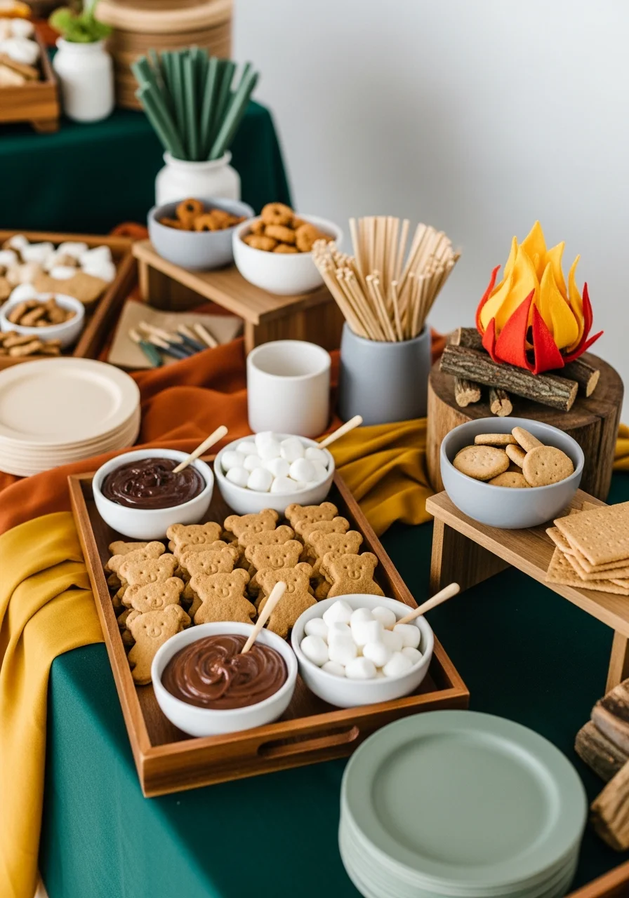 Bear-shaped graham crackers on a wooden serving tray.