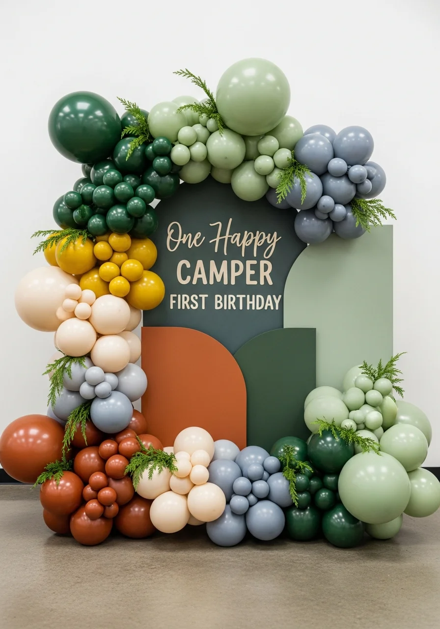 Balloon arch in forest colors with real evergreen branches.