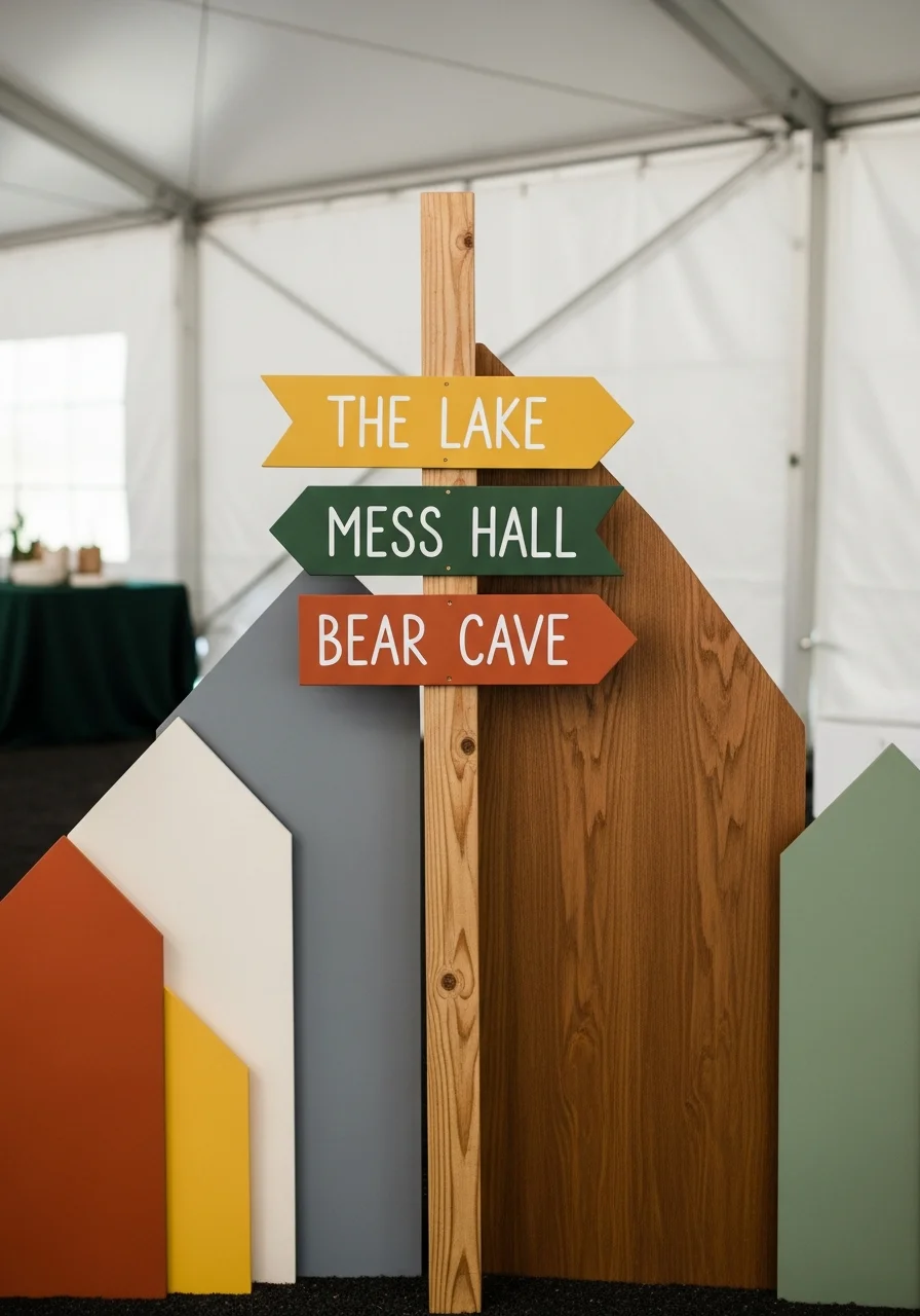 Wooden directional sign with arrows for different party areas.
