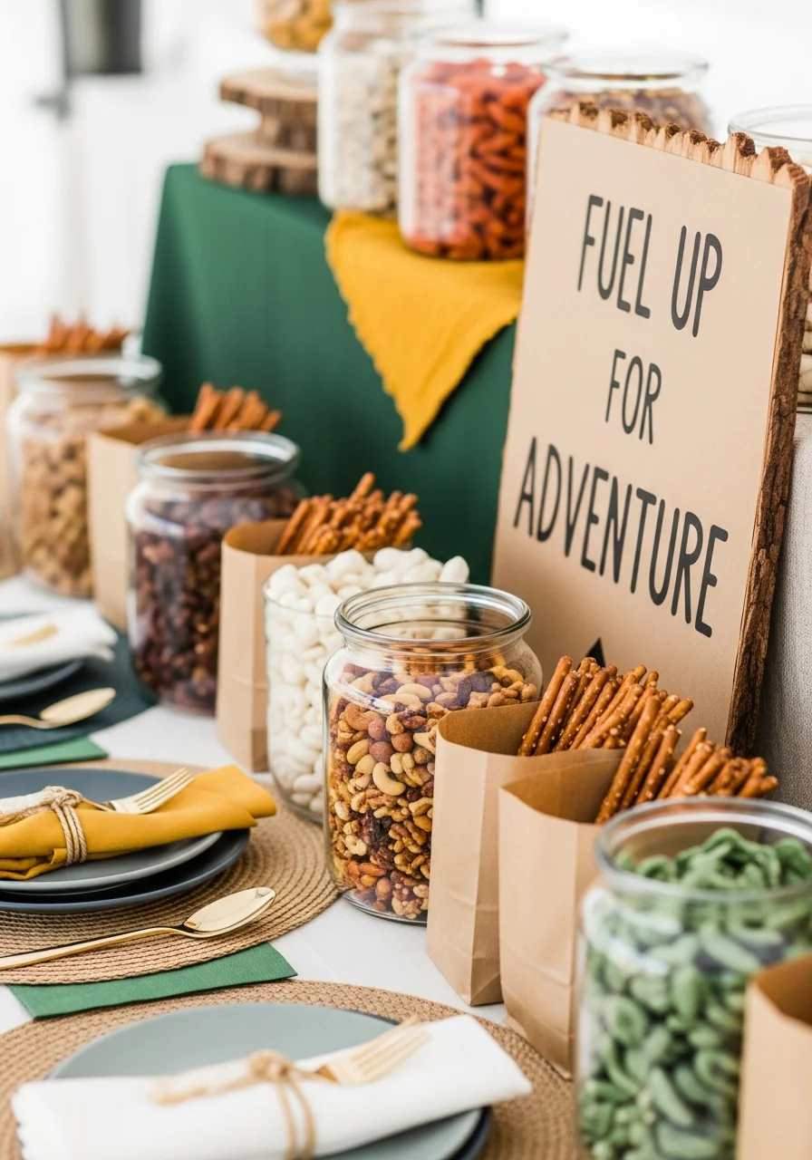 Trail mix bar with glass jars and kraft paper bags.