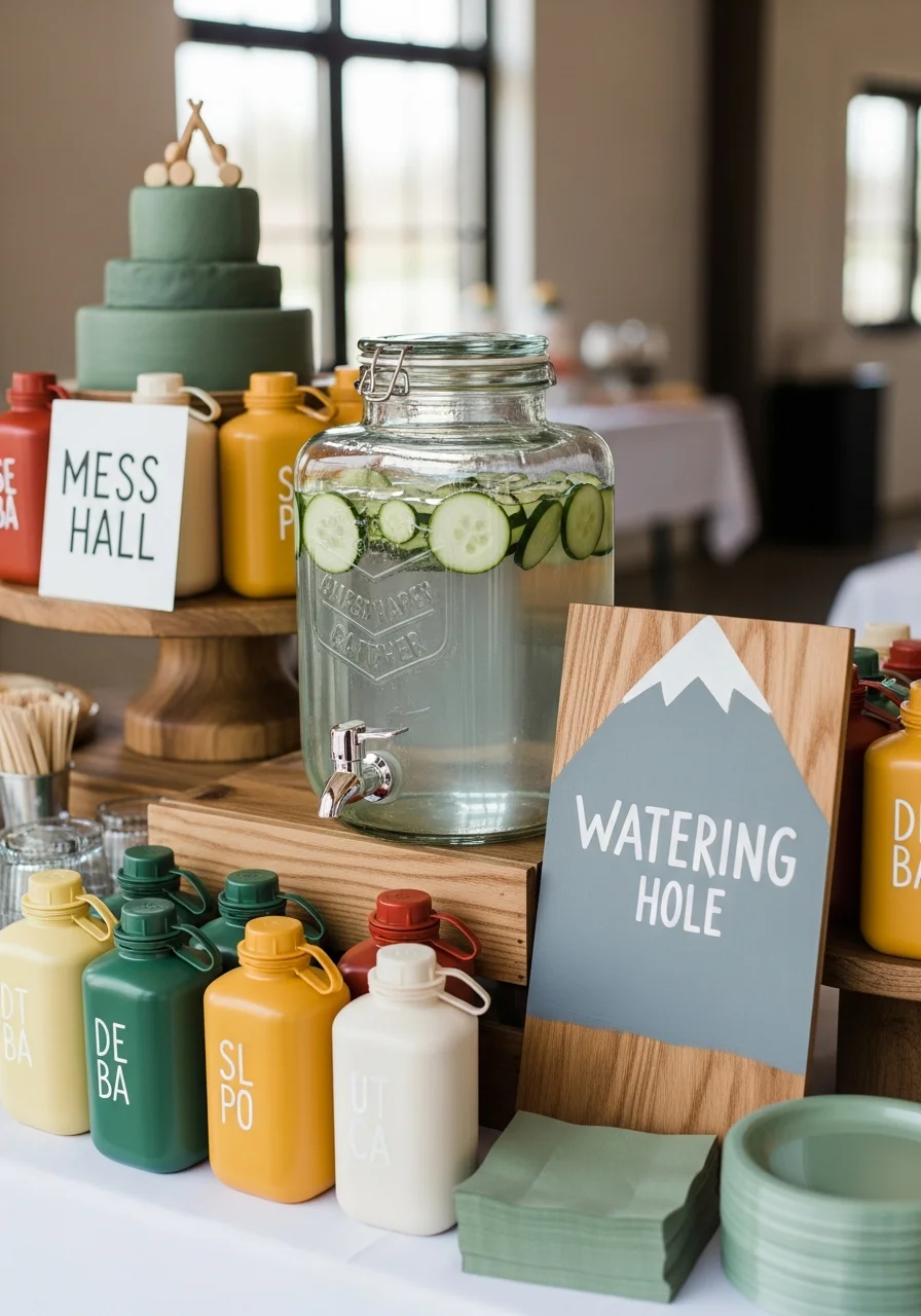 Beverage dispenser with personalized plastic canteens for guests.