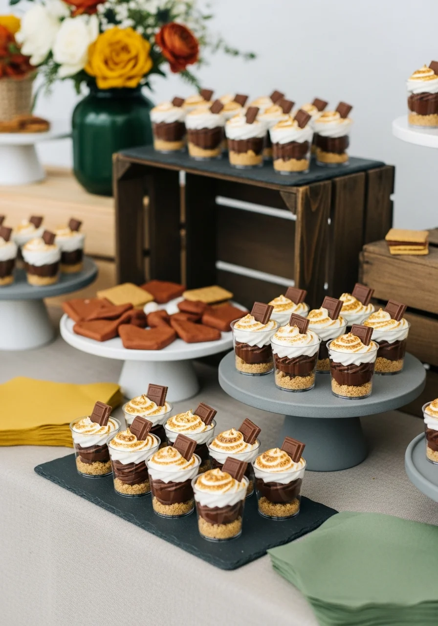 Mini dessert cups with s'mores ingredients and toasted marshmallow.