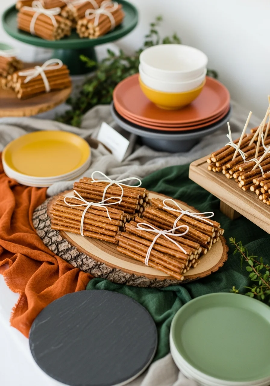 Pretzel rods tied in bundles to look like campfire kindling.