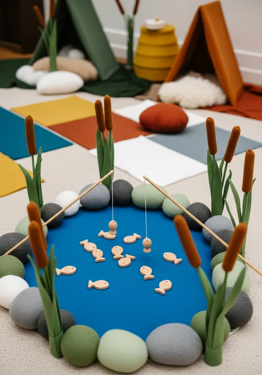 Magnetic toy fishing game on a blue felt pond.
