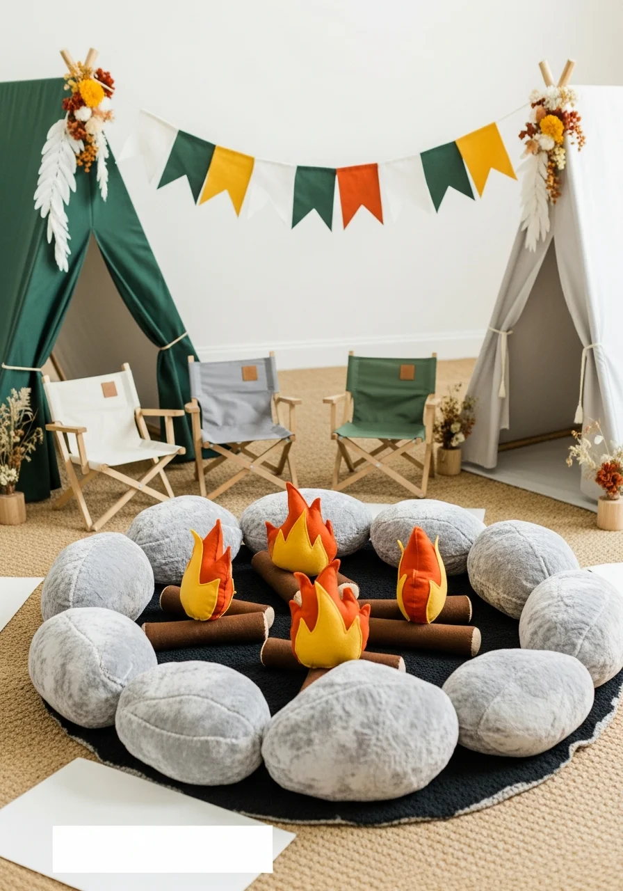 Plush fabric campfire with toy logs and felt flames.
