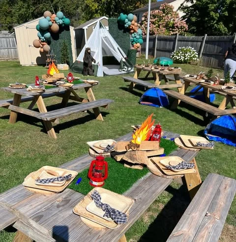 Backyard Basecamp Play Area one happy camper first birthday