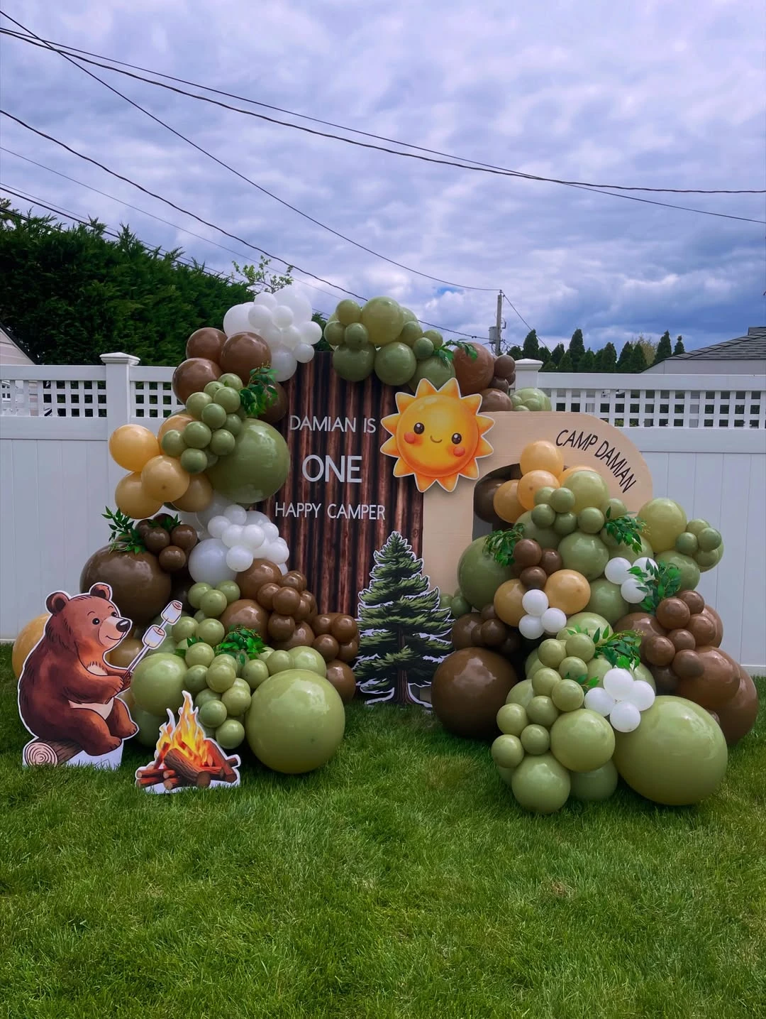 Earthy Balloon Forest Scene one happy camper first birthday