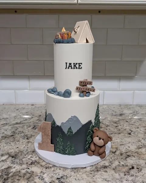 Mountain Peak Tiered Cake one happy camper first birthday