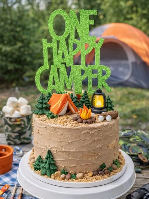 Miniature Forest Smash Cake one happy camper first birthday
