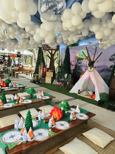 Indoor Basecamp Play Area one happy camper first birthday