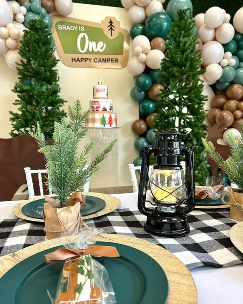 Buffalo Plaid Tablescape one happy camper first birthday