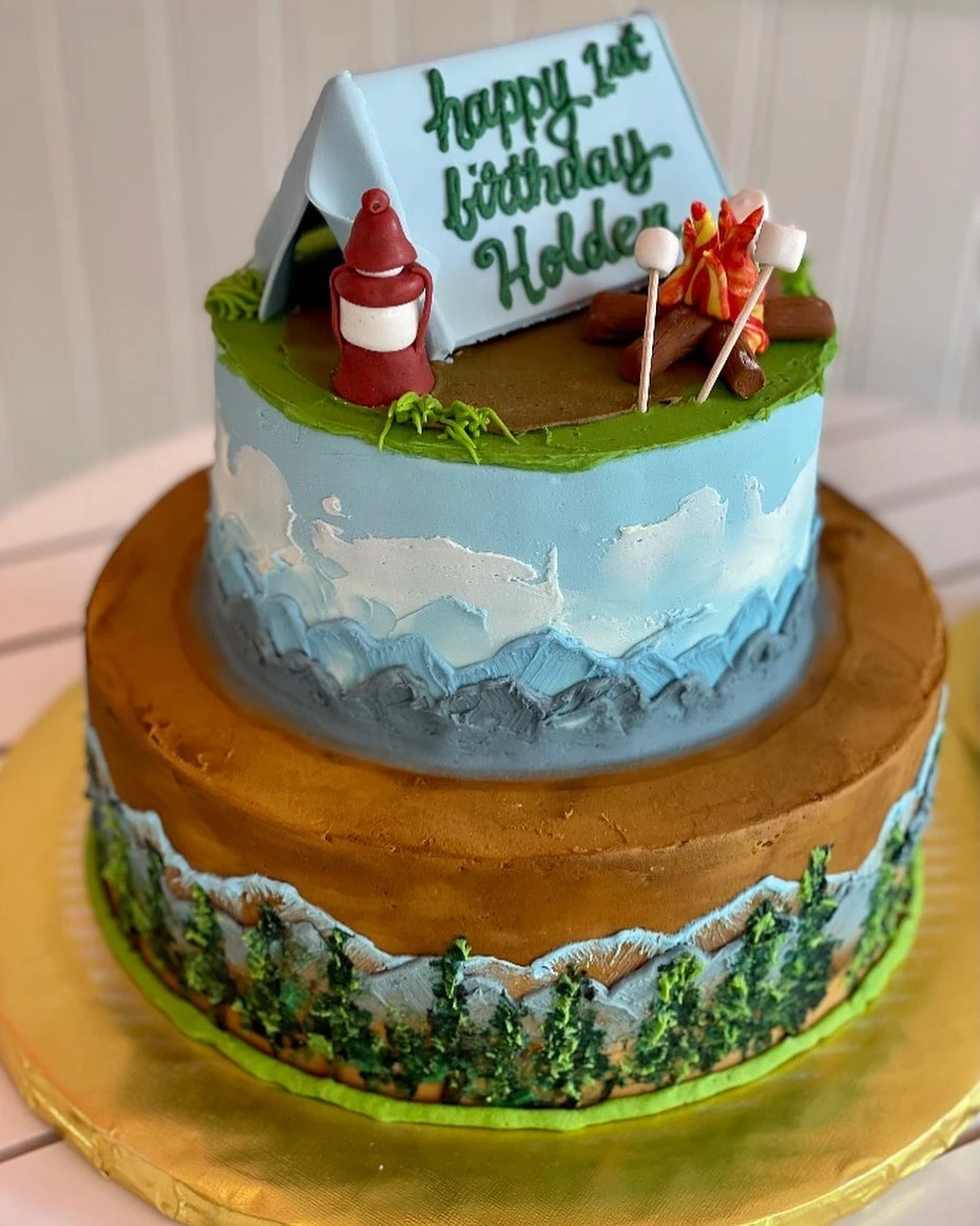 Illustrated Campfire Cake one happy camper first birthday