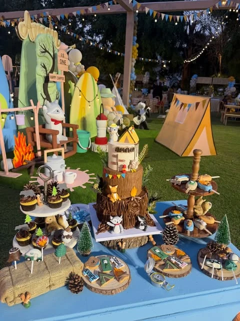 Forest Floor Sweets Display one happy camper first birthday