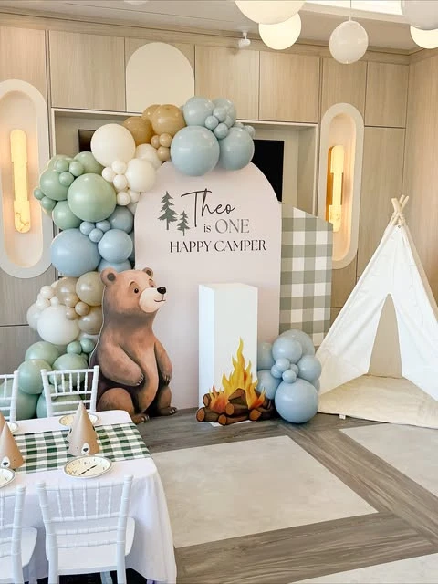 Arched Forest Backdrop one happy camper first birthday