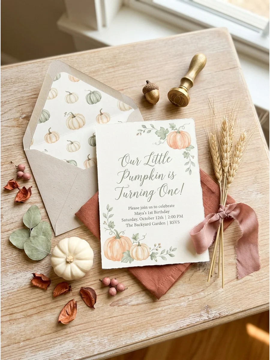 A rustic watercolor pumpkin invitation on a wooden table with dried wheat.