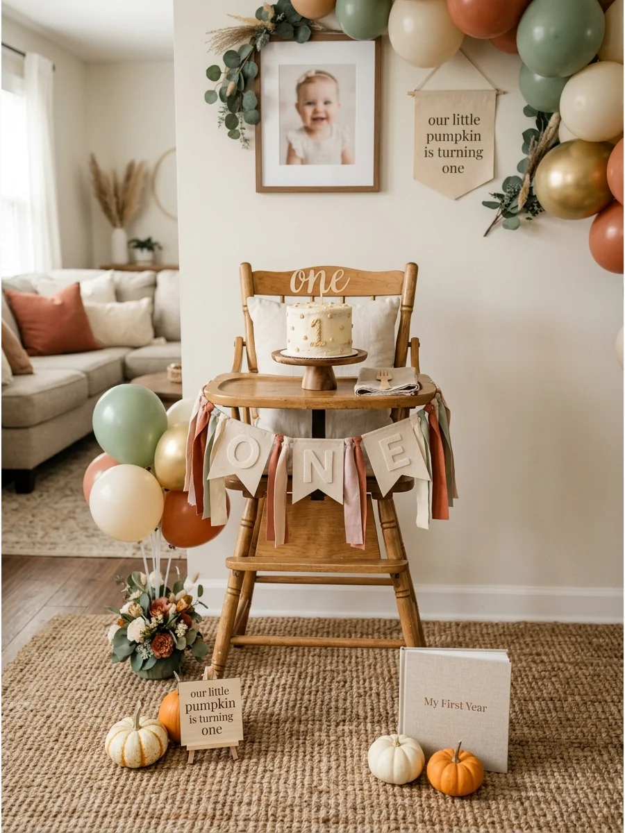 A wooden high chair decorated with a fabric strip banner in fall colors.