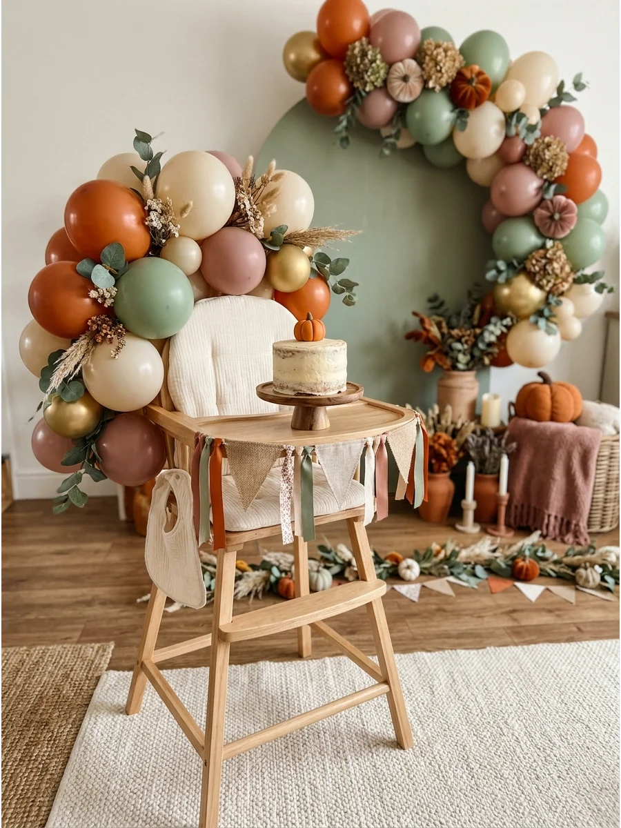A simple cream smash cake with a small pumpkin topper on a wooden stand.