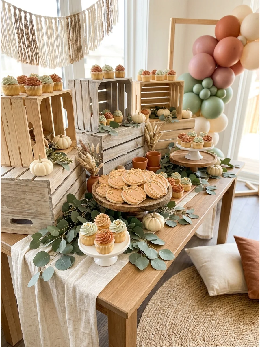 A dessert table with wooden crates, pumpkin cookies, and fall greenery.