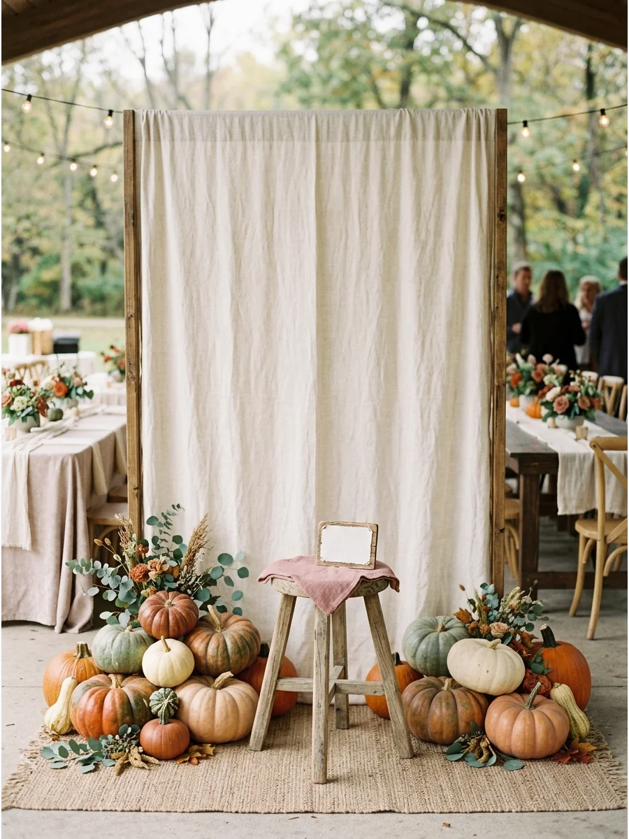 A photo backdrop with various heirloom pumpkins and a small wooden stool.