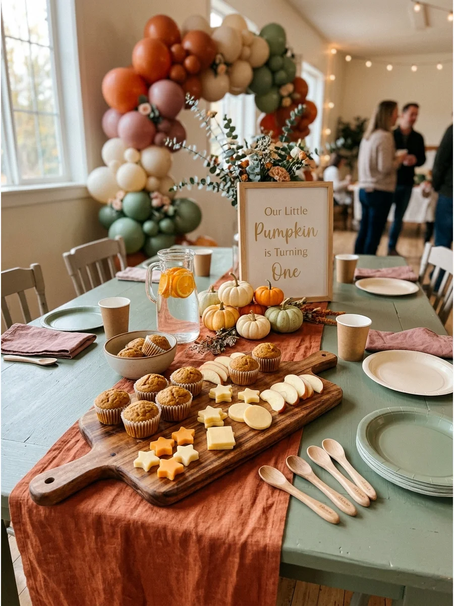 A platter of toddler-friendly fall snacks including mini muffins and cheese.