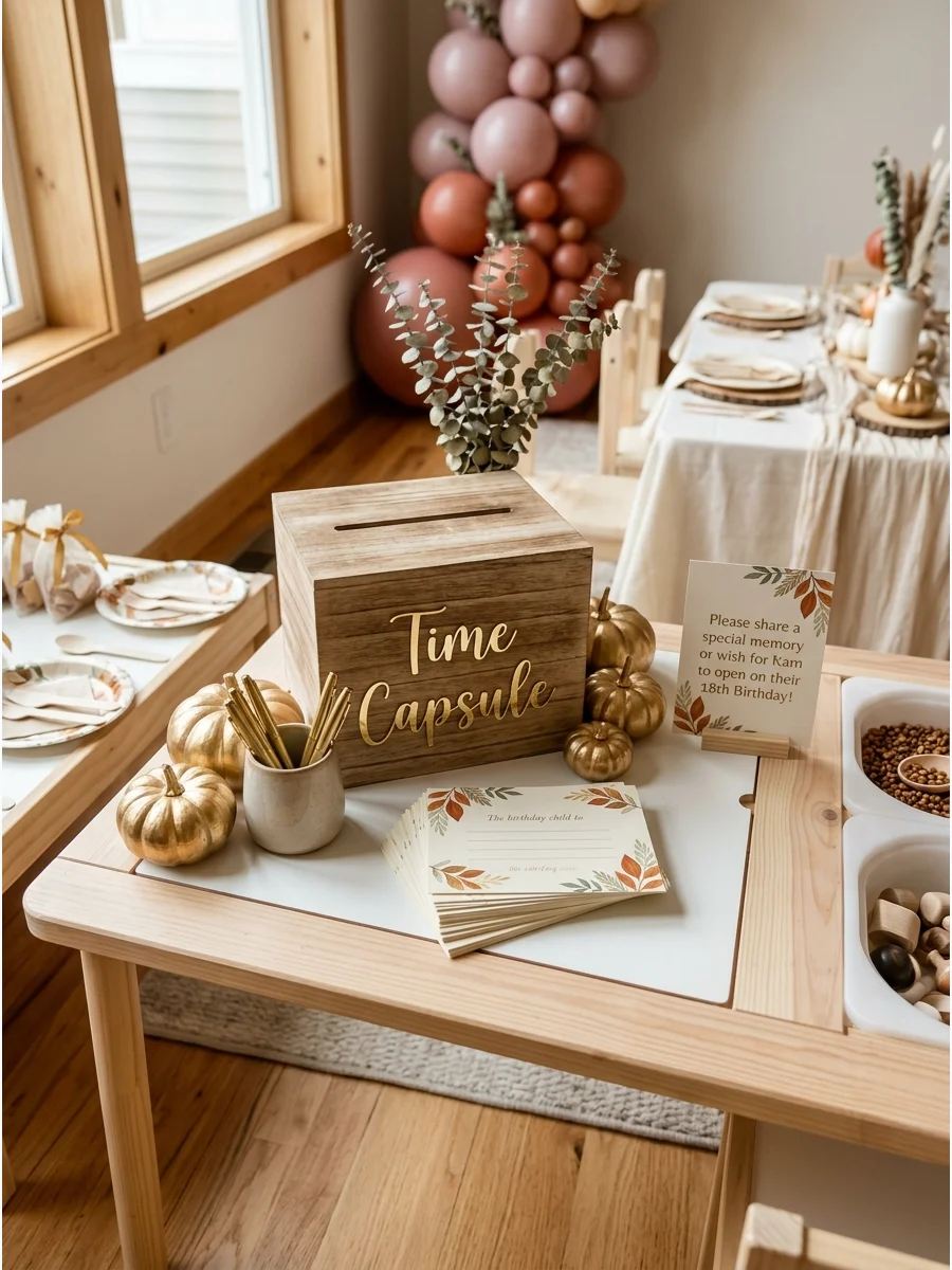 A wooden time capsule box with cards and gold pumpkin decor.