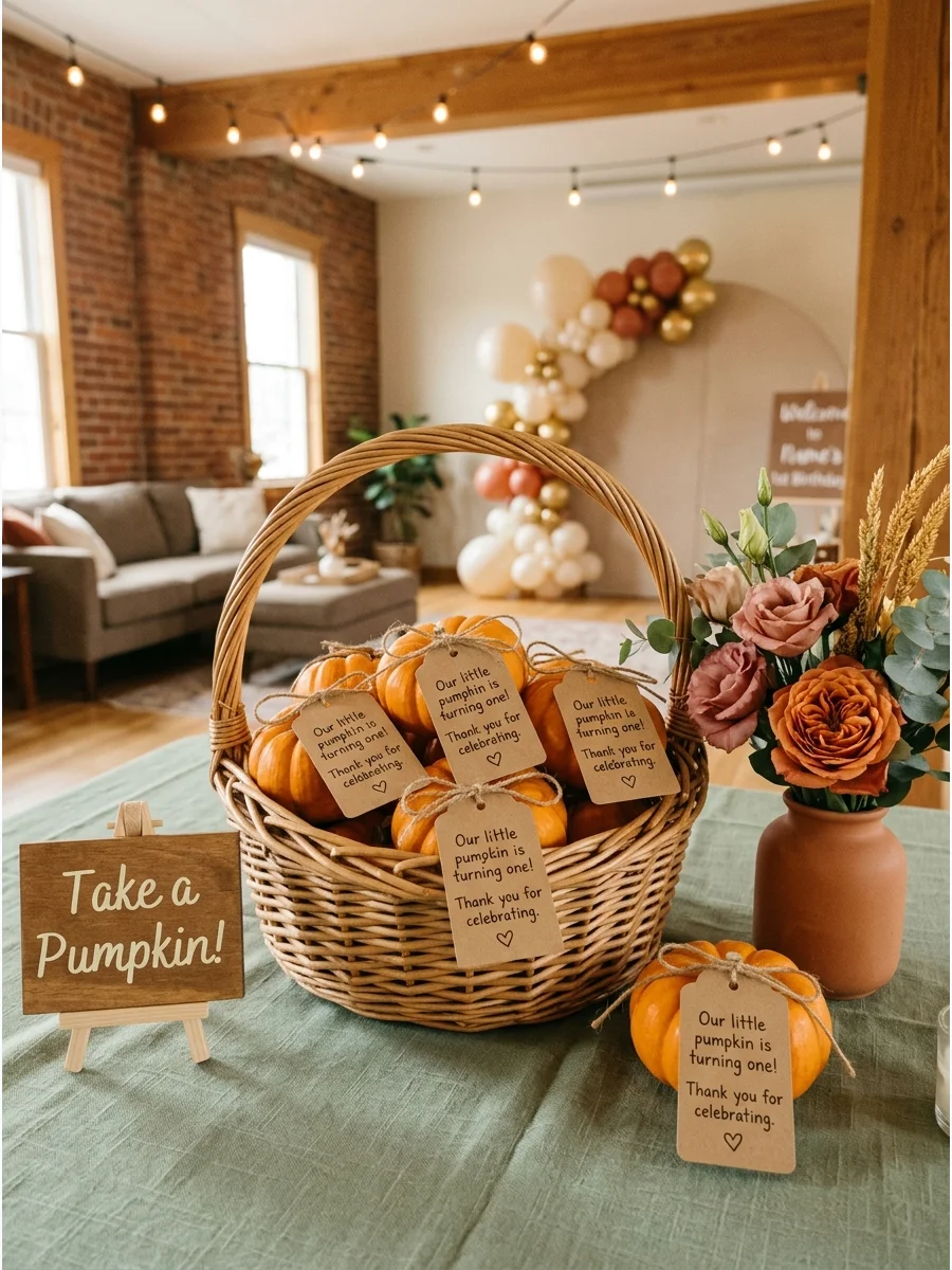 A basket of small pumpkins with name tags as party favors.