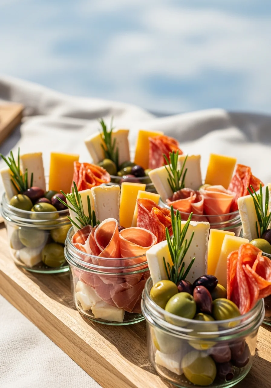 Small glass jars filled with charcuterie items on a wooden serving tray.