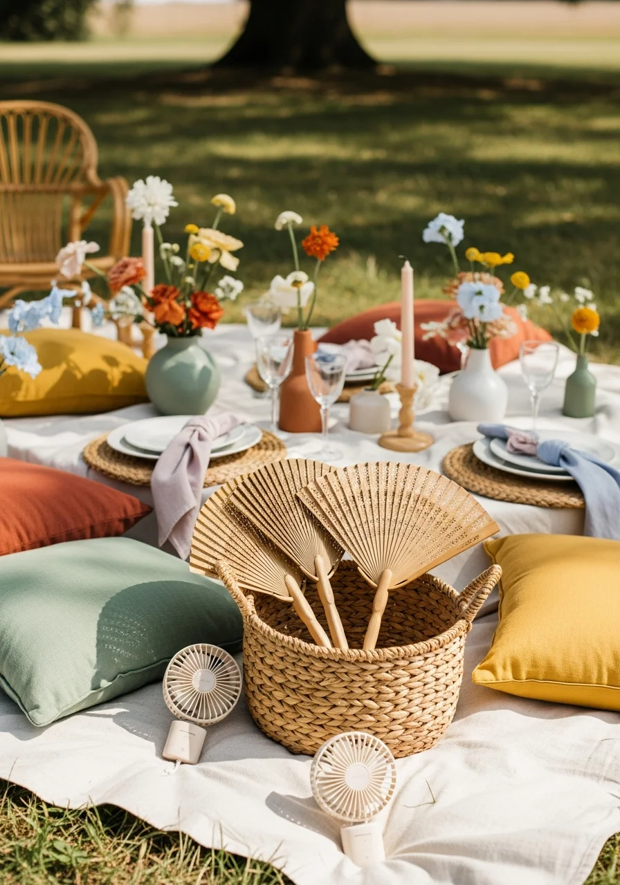A basket filled with bamboo hand fans and small portable fans.