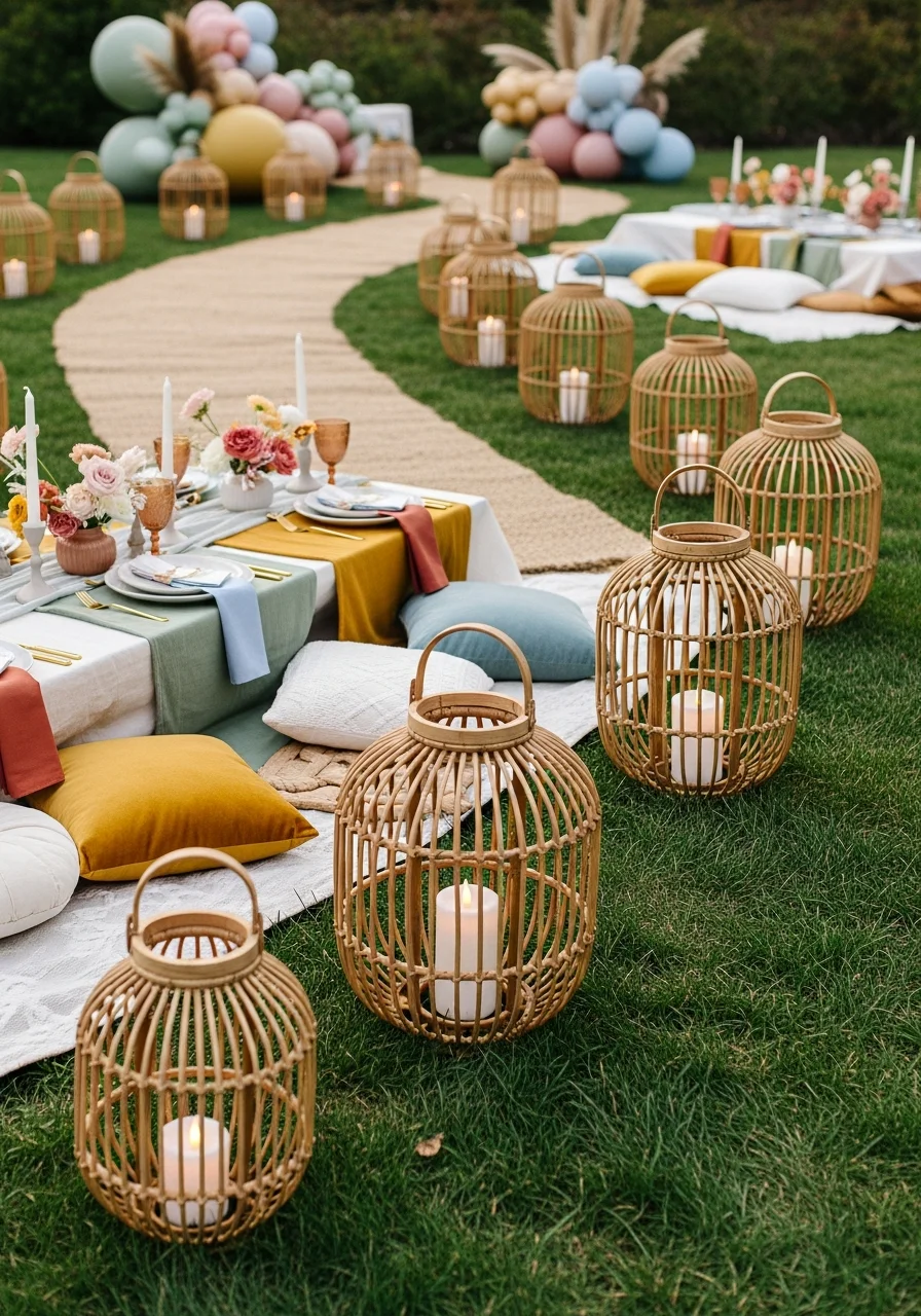 Rattan lanterns with LED candles lining a path on the grass.